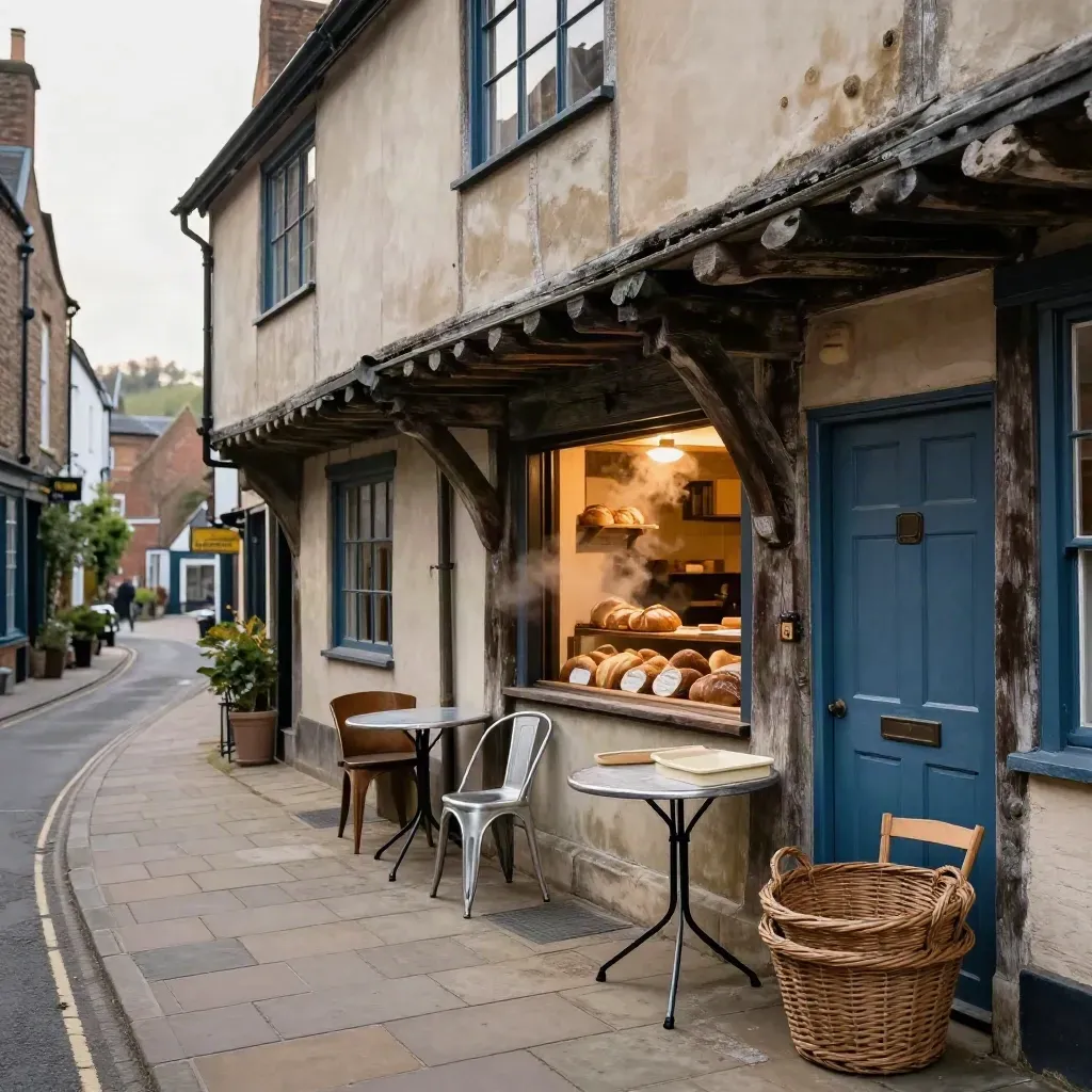 Ludlow timbered lane with bakery steam, market hall edge and pub tables