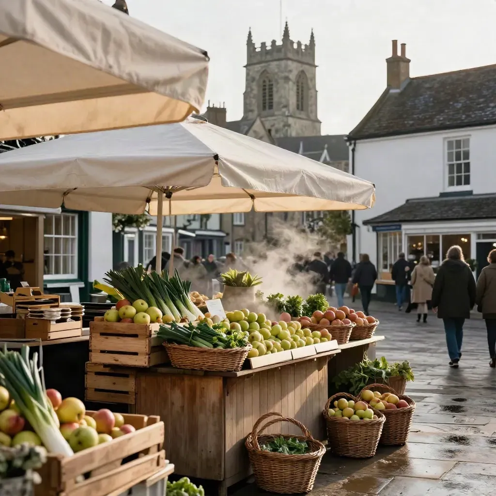 Abergavenny market stalls with bread crates and church towers in cool morning light.