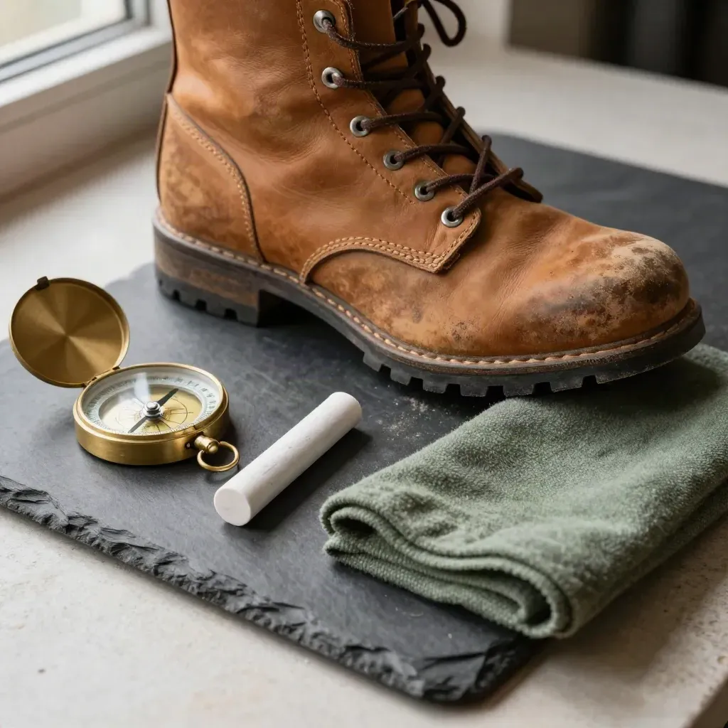 Walking boot, brass compass, chalk and wool cloth arranged on a slate tray