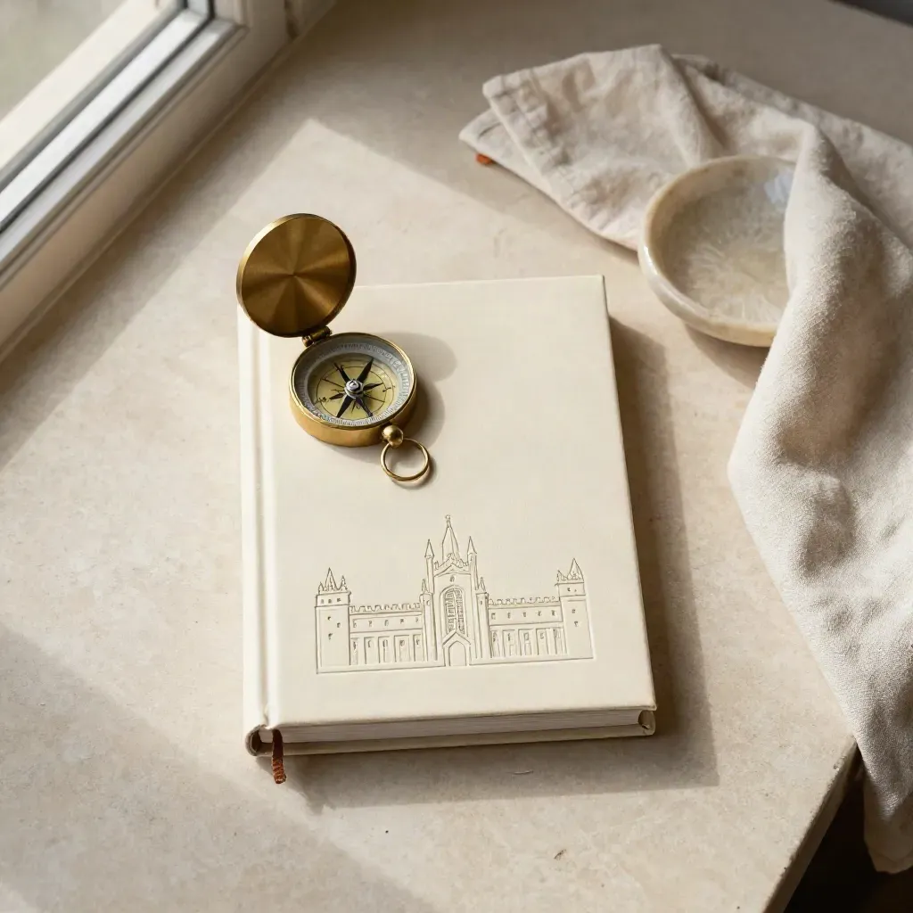 Overhead flatlay of a Bath guide, brass compass, linen cloth and stone dish on stone.