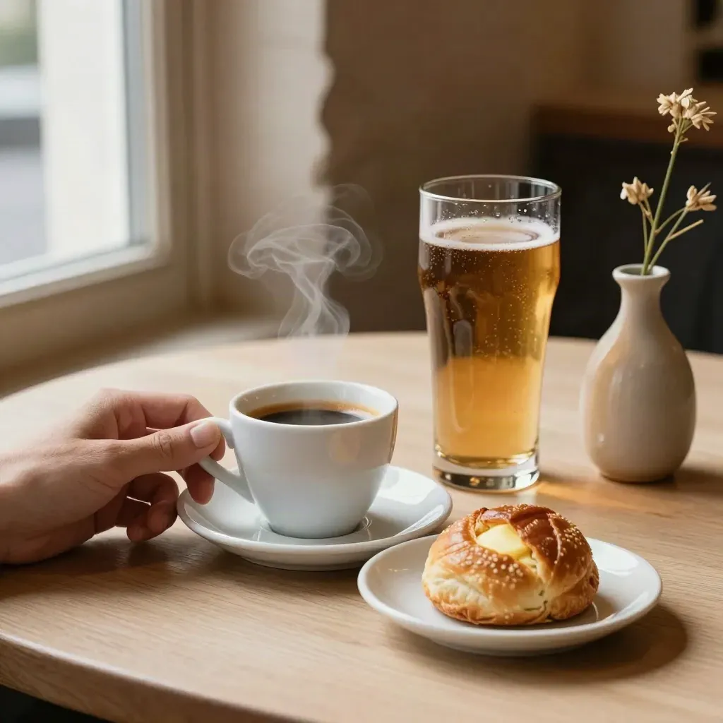 Espresso cup, pastry plate, pint glass, and bud vase on a pale wood cafe table.