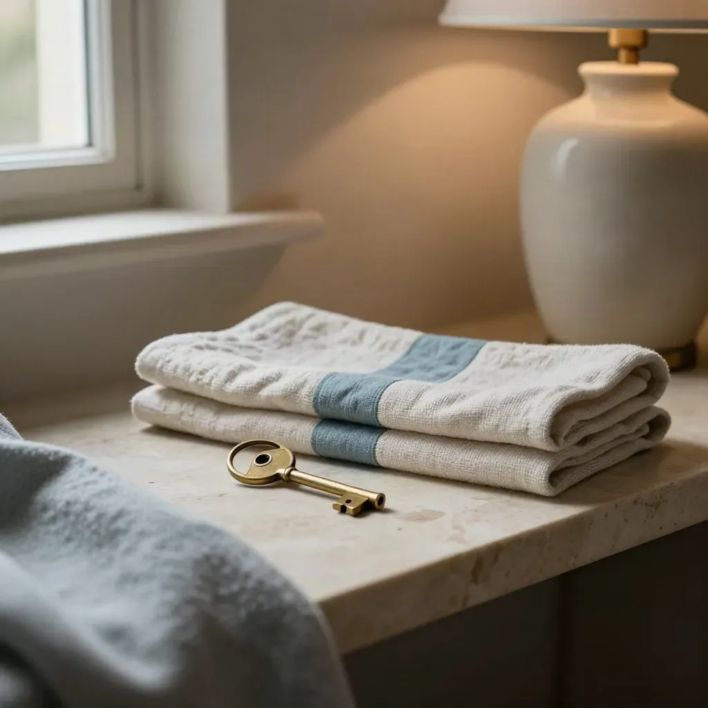 Brass room key with folded linen, wool throw and lamp base on a stone shelf